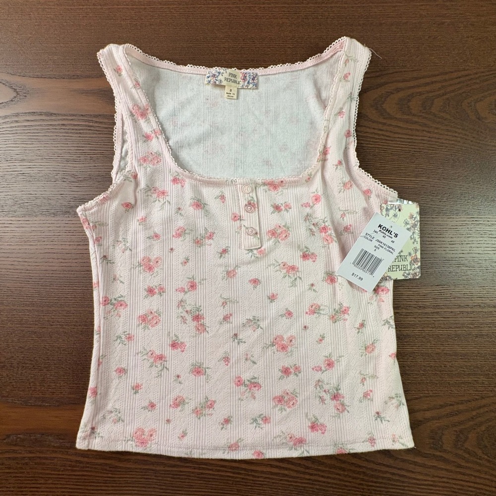 Pink Republic Tank Top Women Small Pink New Floral Ribbed Henley Lace Trim